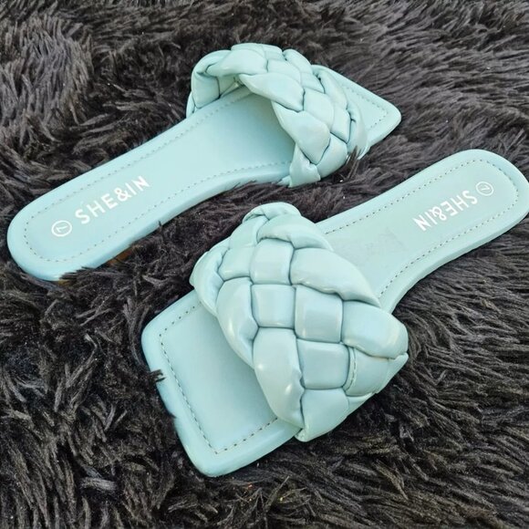 SHE&IN Women Sandal Blue Flat Shoe Faux Leather Shoes Size 7 - Picture 1 of 11